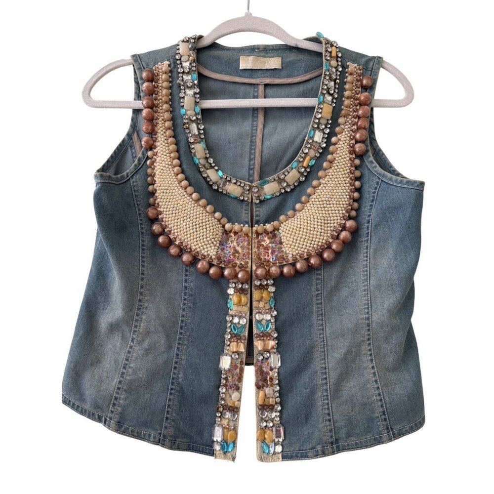 Vintage  Lynn Adler Hand Beaded Denim Vest With Rhinestones & Pearls - Picture 3 of 12